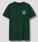 Front of dark green oversize BJJLIFESTYLE t-shirt with white Jiu Jitsu chest logo and shaka sign icon.